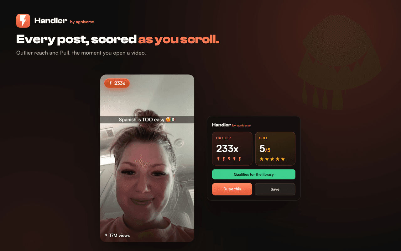 Handler post score card showing Outlier and Pull scores over a viral clip