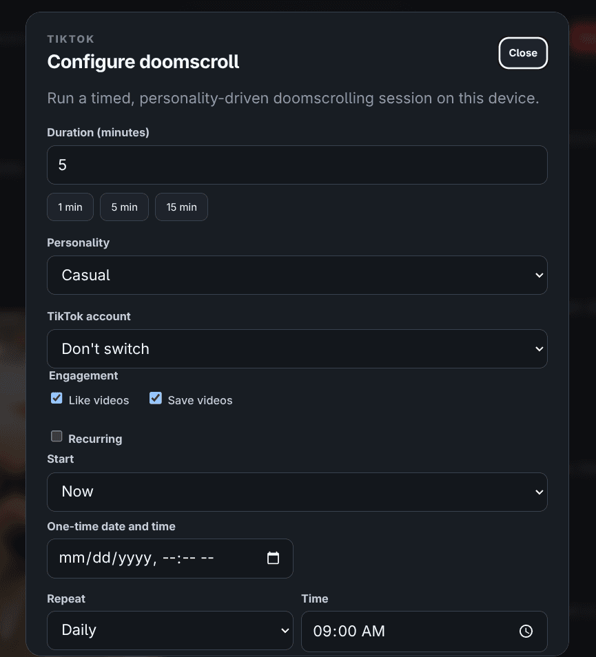 The iOS Farm doomscroll configuration dialog with duration, personality, account, and schedule options