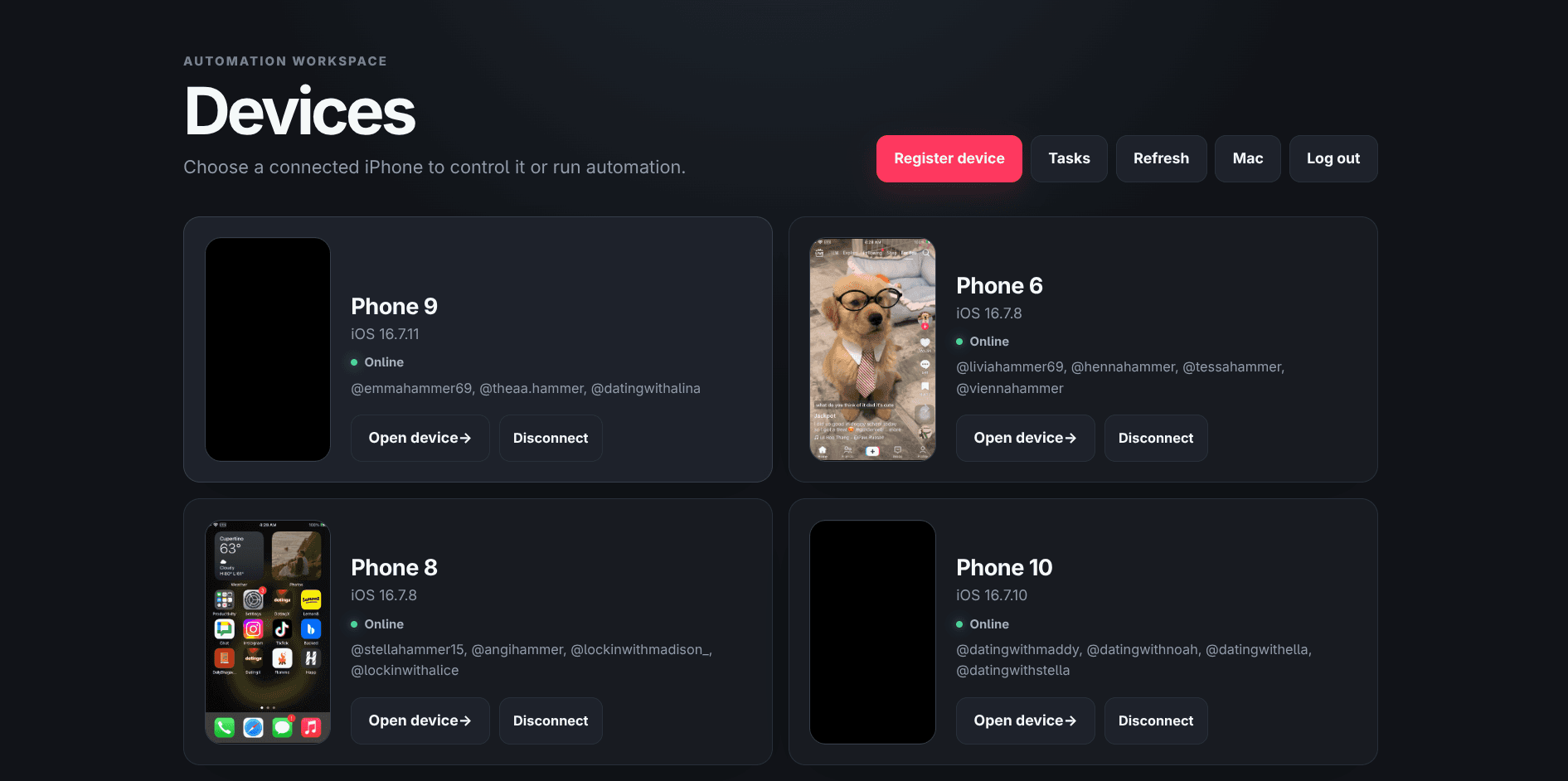 The iOS Farm dashboard showing a fleet of registered iPhones with live screenshot previews and online status