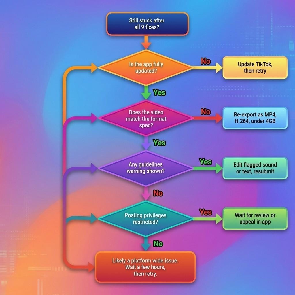 Flowchart showing TikTok upload troubleshooting steps for app updates, video format, restrictions, and platform issues.