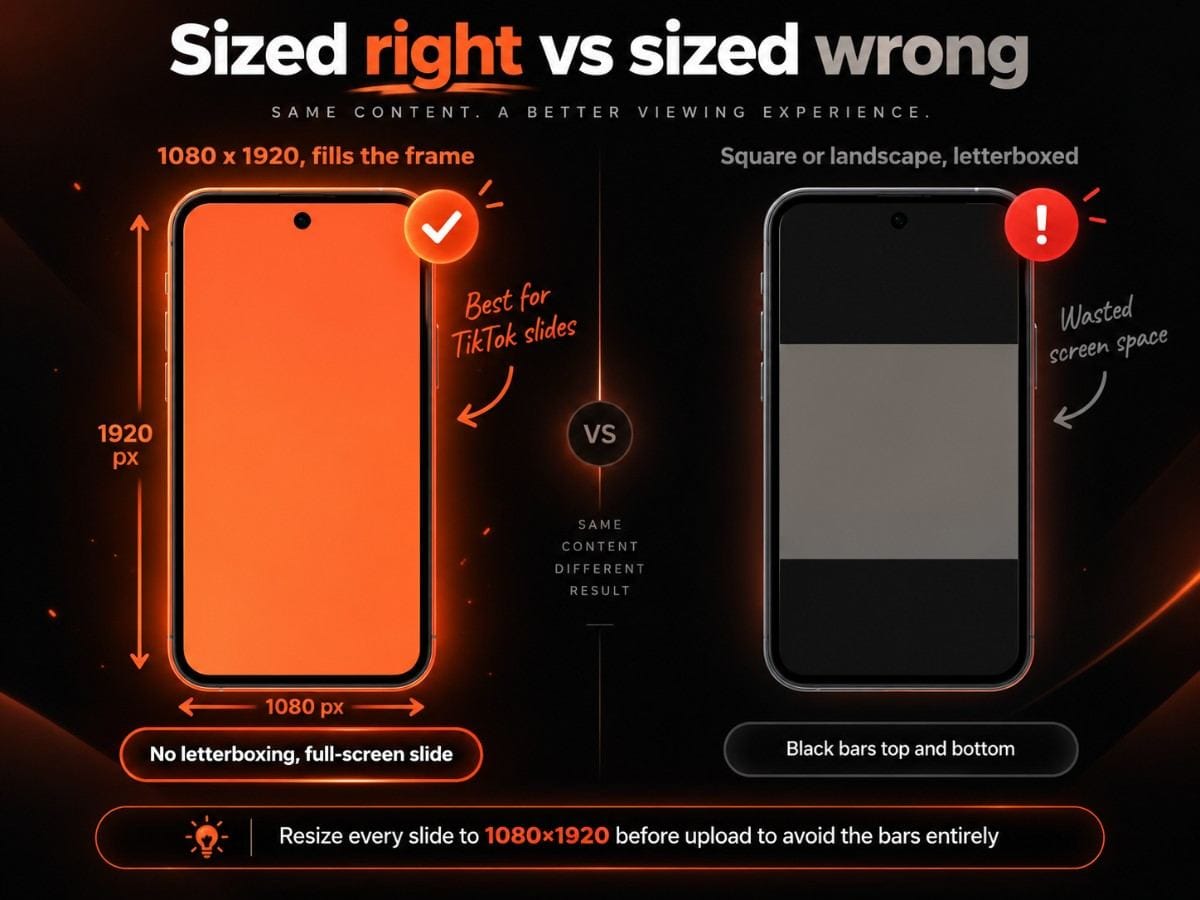Graphic comparing a 1080×1920 vertical TikTok slide that fills the screen with a square or landscape image that displays with black bars.