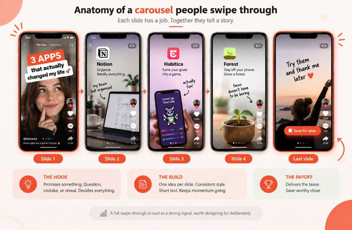 Graphic showing a five-slide carousel structure with hook, build, proof, and payoff stages alongside TikTok engagement icons.