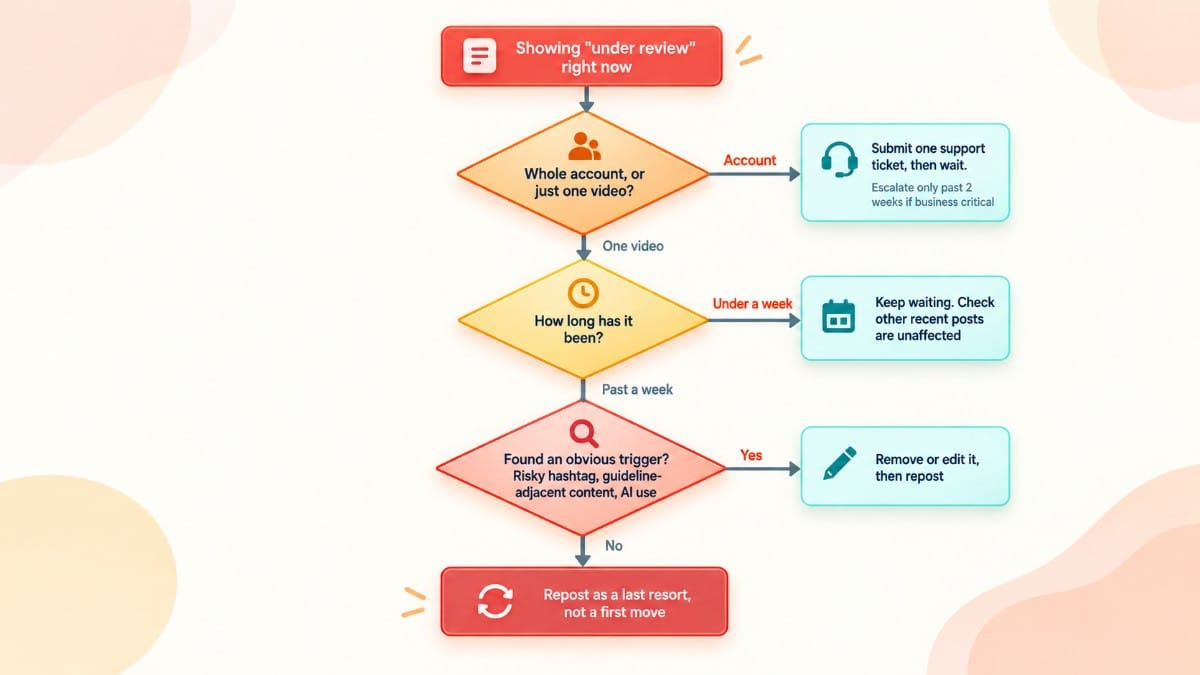 TikTok under review decision flow for checking account status and resolving video issues