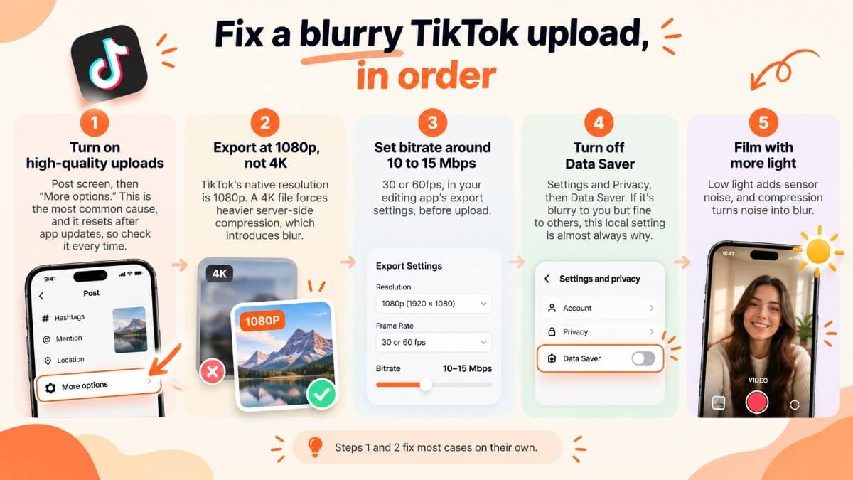 Infographic showing five steps to fix blurry TikTok uploads, including 1080p export, bitrate settings, Data Saver, and better lighting.