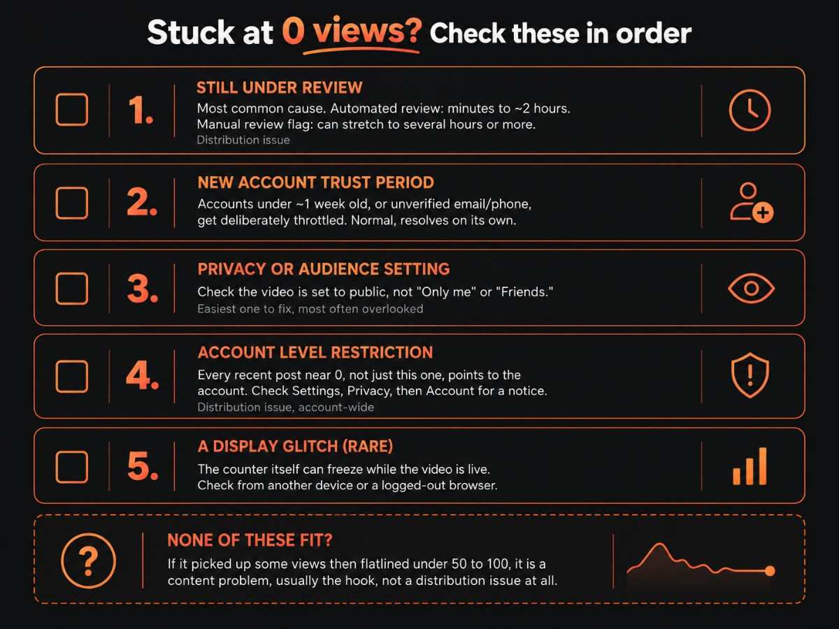 Infographic listing possible causes of zero TikTok views, including content review, new account restrictions, privacy settings, account restrictions, and display glitches.