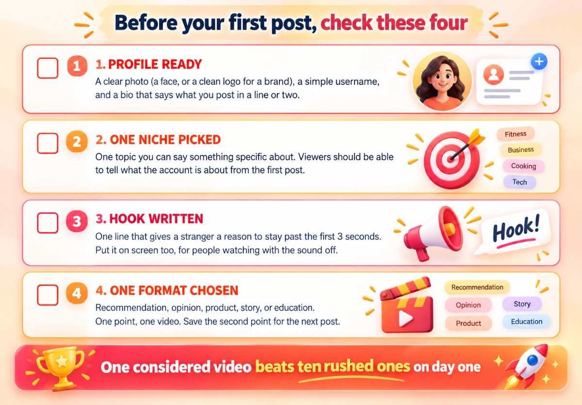 Four-step TikTok checklist covering profile, niche, hook, and video format.