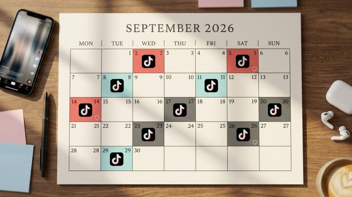 September 2026 content calendar highlighting scheduled TikTok posting days.