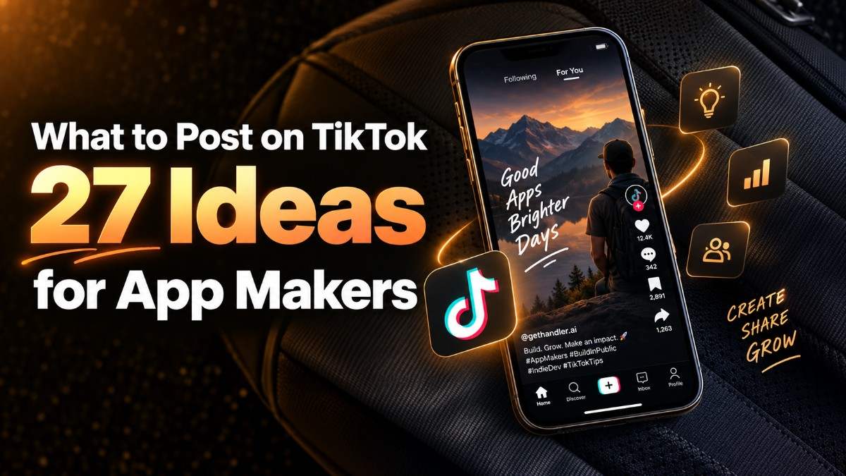 Graphic promoting “27 Ideas for App Makers” with a smartphone displaying TikTok content, surrounded by icons for ideas, analytics, and audience growth.