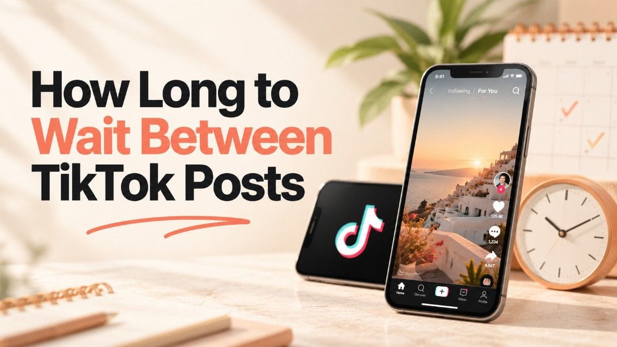 Graphic explaining how long to wait between TikTok posts, with a smartphone, clock, and TikTok app interface.