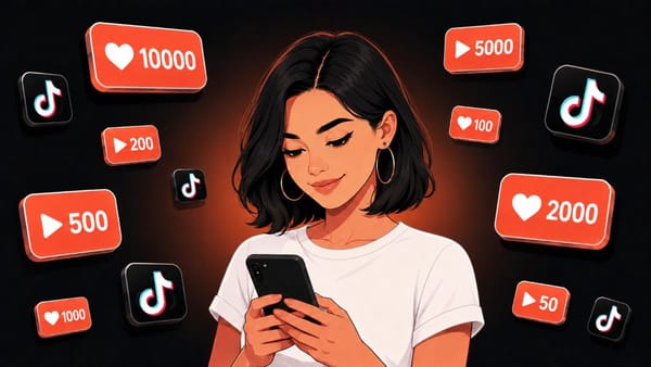 Woman using a smartphone surrounded by TikTok icons and engagement counts.