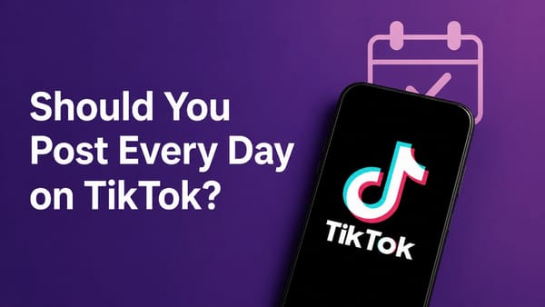 Smartphone displaying the TikTok logo beside text asking, “Should You Post Every Day on TikTok?” on a purple background.