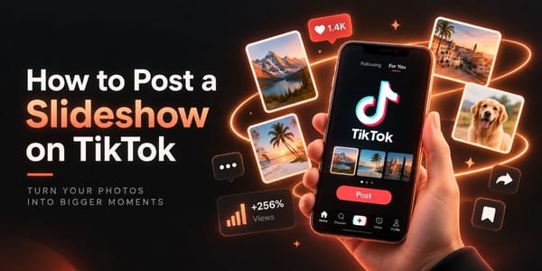 Graphic showing a TikTok slideshow tutorial with a smartphone displaying photos, post controls, and social media engagement icons.