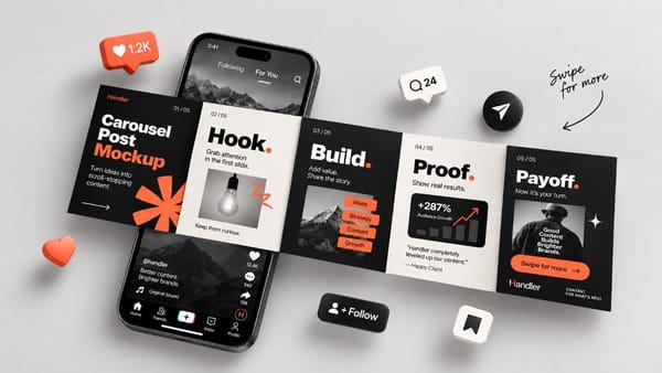 Infographic showing the five-part structure of a TikTok carousel, from hook and build to payoff, with example slides displayed on smartphones.