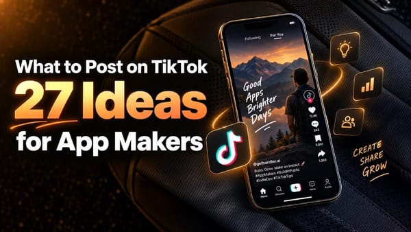 Graphic promoting “27 Ideas for App Makers” with a smartphone displaying TikTok content, surrounded by icons for ideas, analytics, and audience growth.