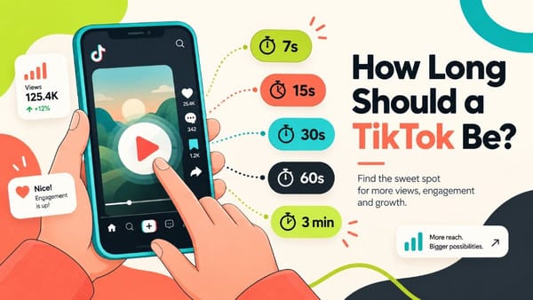TikTok video length guide showing 7s, 15s, 30s, 60s, and 3-minute options for increasing reach and engagement.